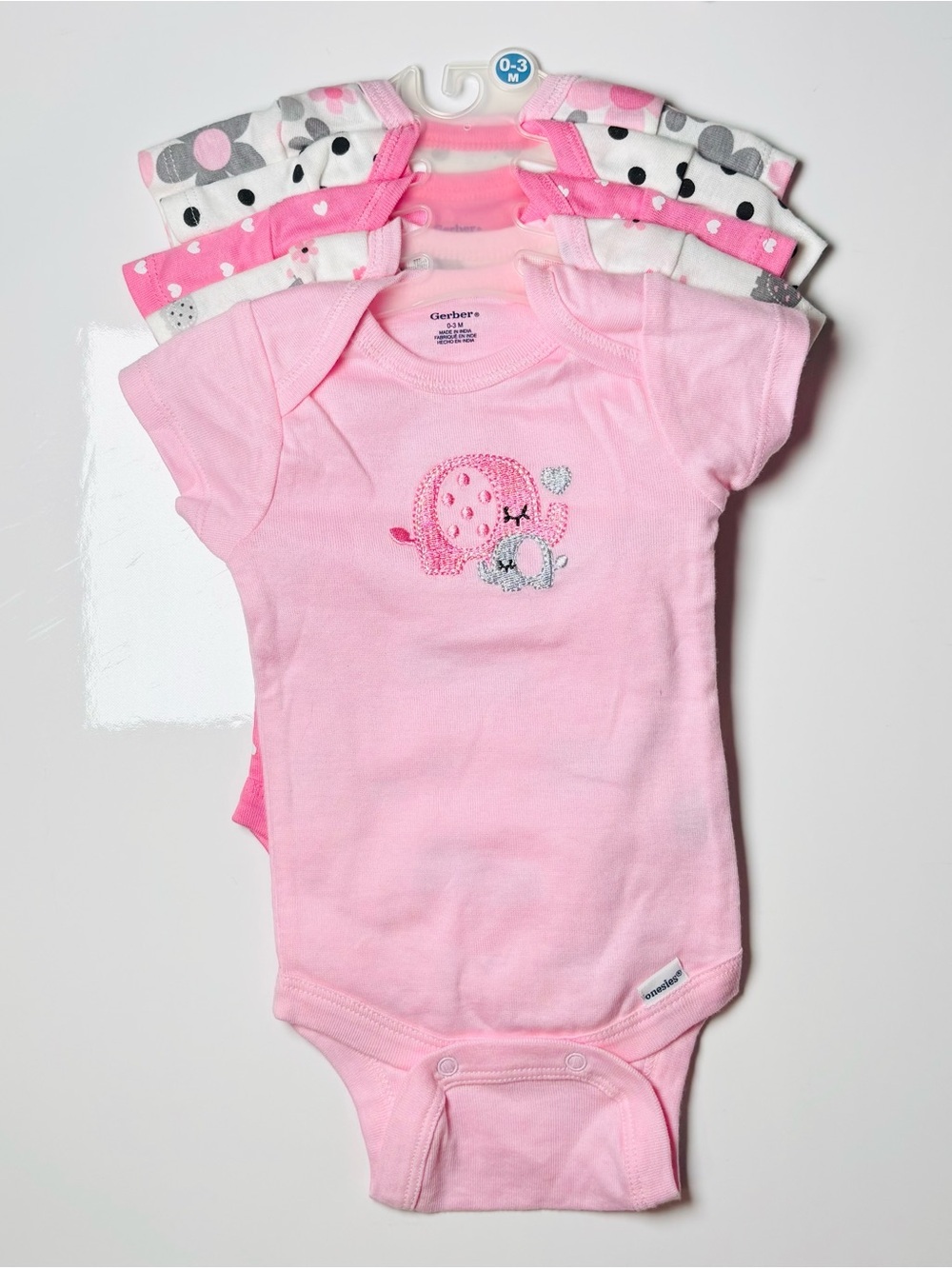 NWOT Gerber Baby Pink Elephant & Polka Dot Bodysuit Multi-Pack Set 5pc 0-3M
